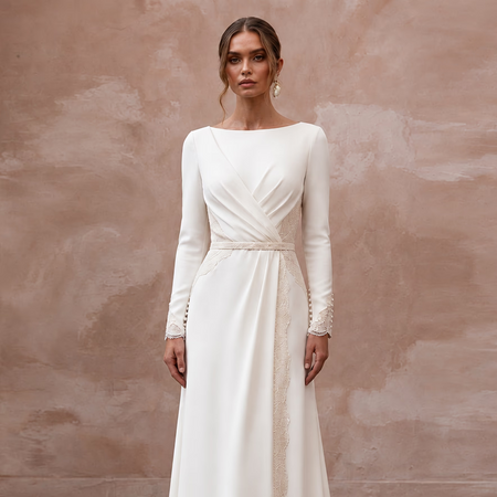 Modest Alabaster Crepe Long Sleeve Wrap Front Maxi Dress