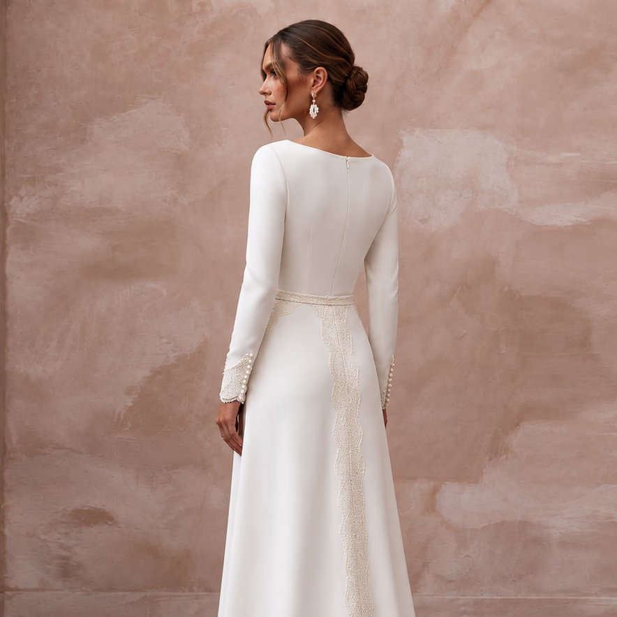 Modest Alabaster Crepe Long Sleeve Wrap Front Maxi Dress