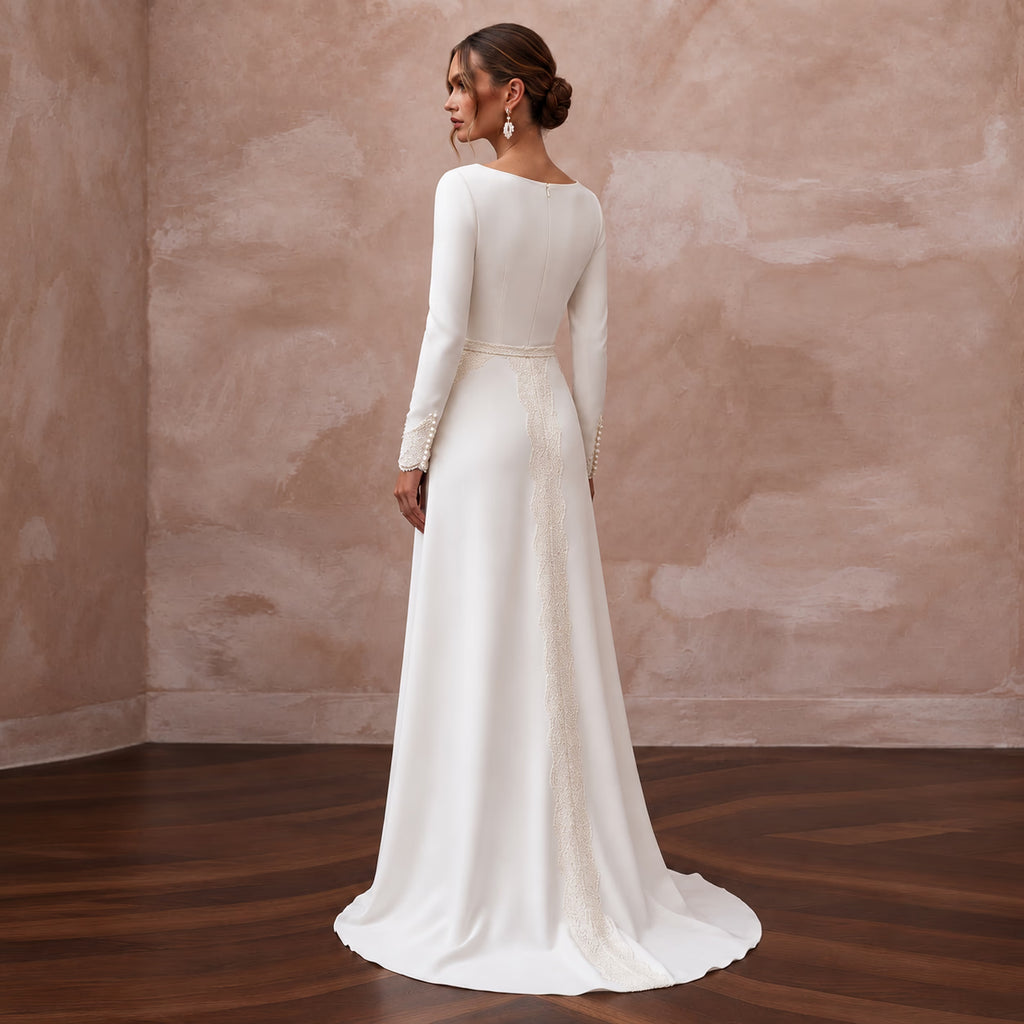 Modest Alabaster Crepe Long Sleeve Wrap Front Maxi Dress