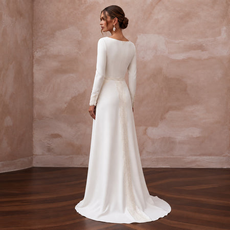 Modest Alabaster Crepe Long Sleeve Wrap Front Maxi Dress