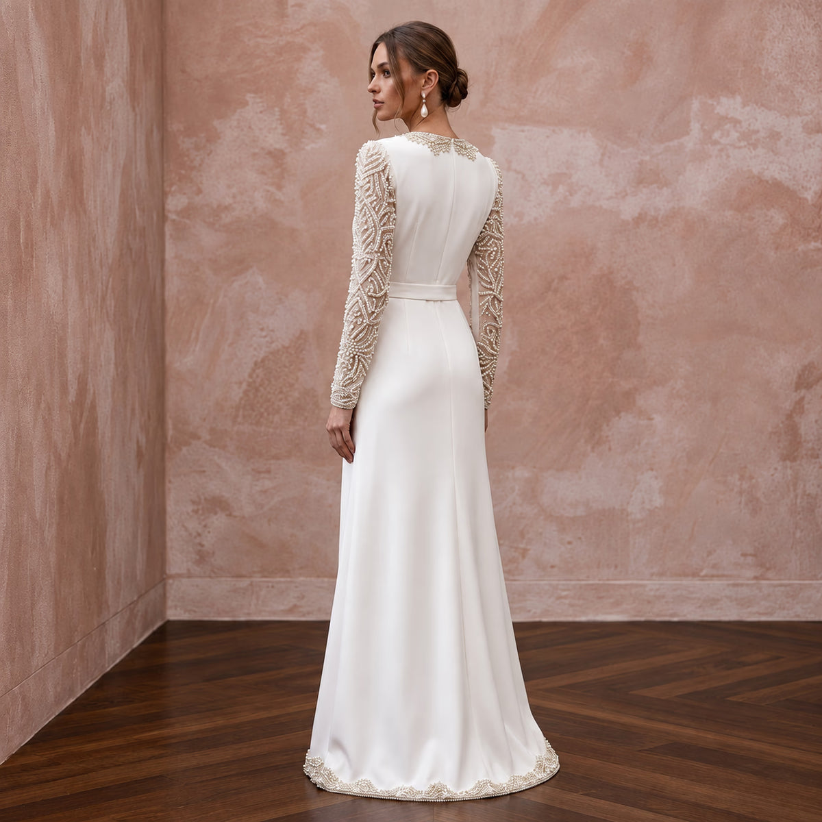 Modest Alabaster Crepe Long Sleeve Wrap Front Maxi Dress