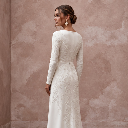 Modest Alabaster Crepe Long Sleeve Wrap Front Maxi Dress featuring elegant embroidery and a flattering silhouette.