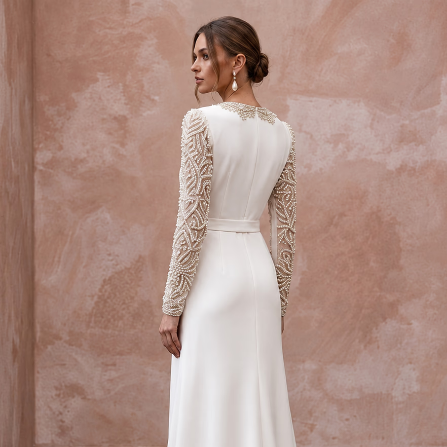 Modest Alabaster Crepe Long Sleeve Wrap Front Maxi Dress