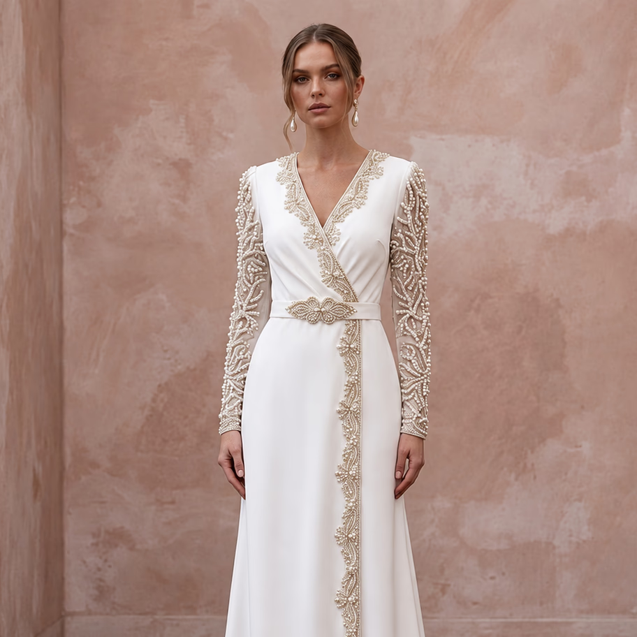 Modest Alabaster Crepe Long Sleeve Wrap Front Maxi Dress