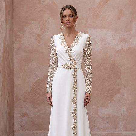 Modest Alabaster Crepe Long Sleeve Wrap Front Maxi Dress