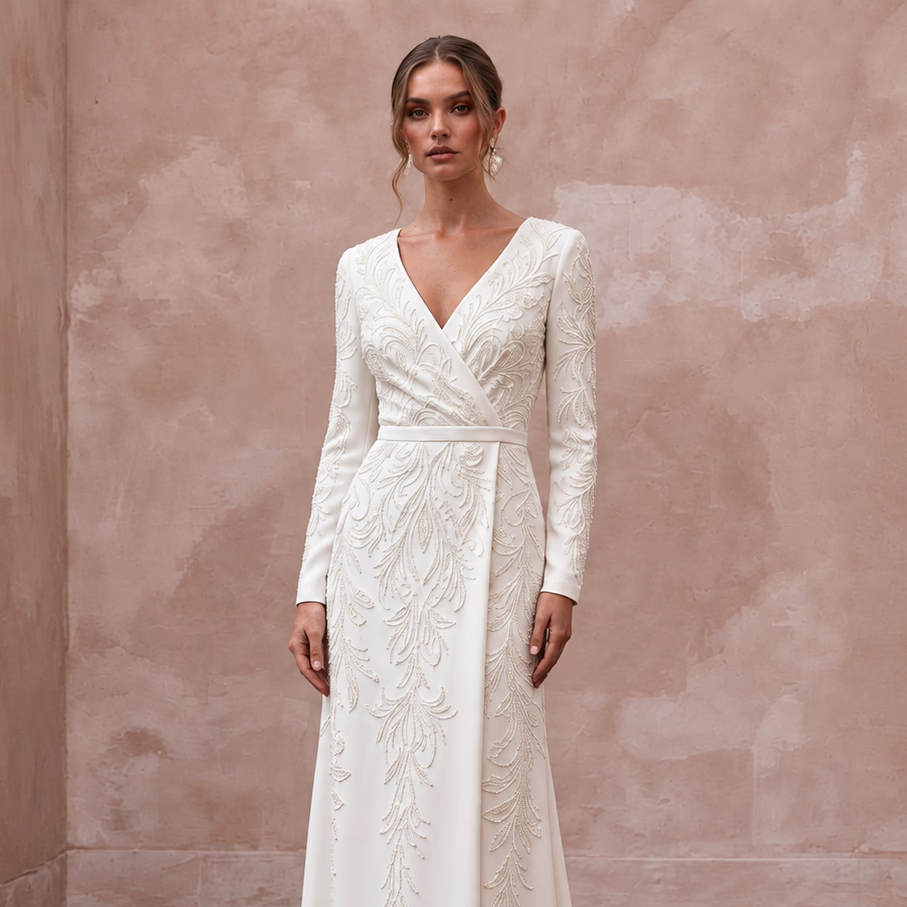 Modest Alabaster Crepe Maxi Dress with long sleeves and intricate embroidery, featuring a flattering wrap front design.