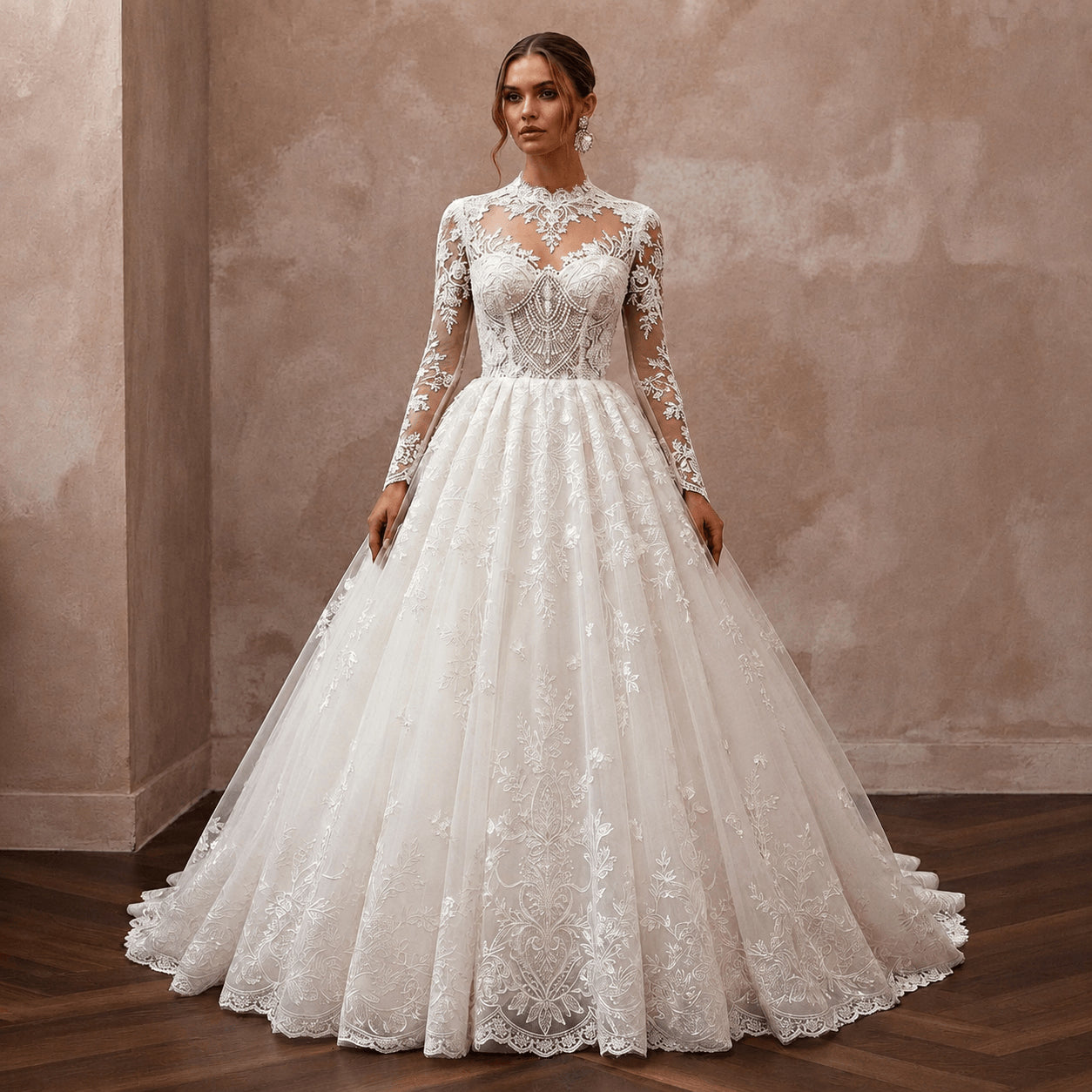 Ivory lace wedding dress with long sleeves, illusion neckline, and ballgown skirt Main image