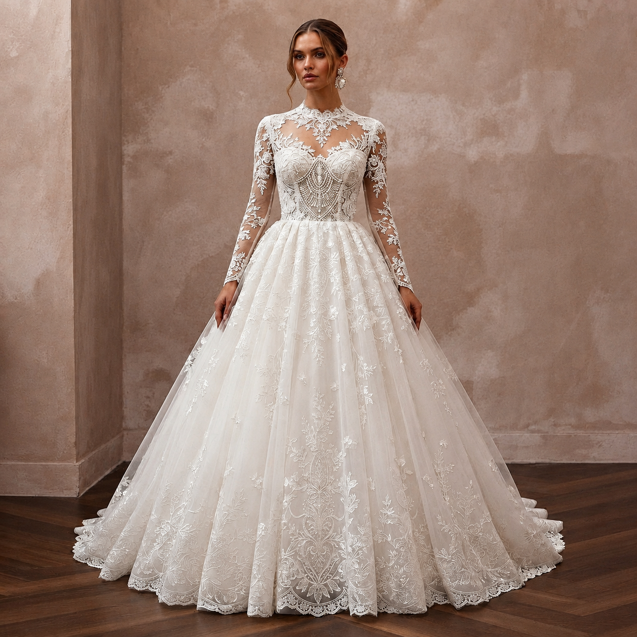Ivory lace wedding dress with long sleeves, illusion neckline, and ballgown skirt Main image
