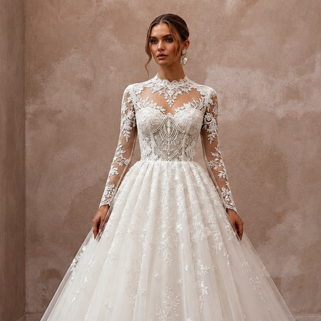 Ivory lace wedding dress, long sheer sleeves and floral bodice with full ballgown
