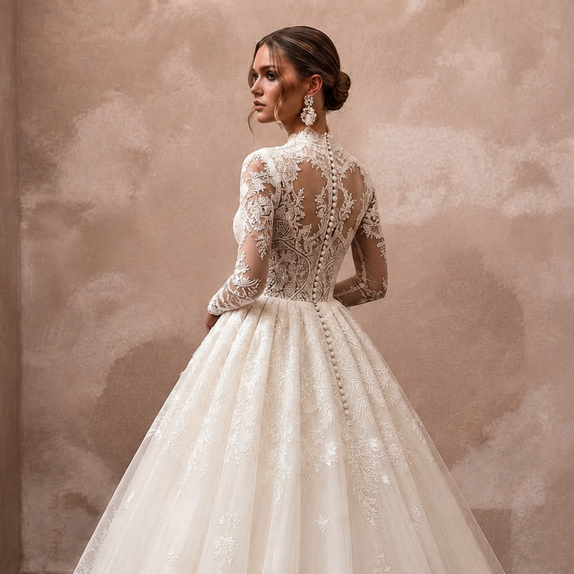Ivory lace wedding dress viewed from back, long sleeves and fitted lace bodice
