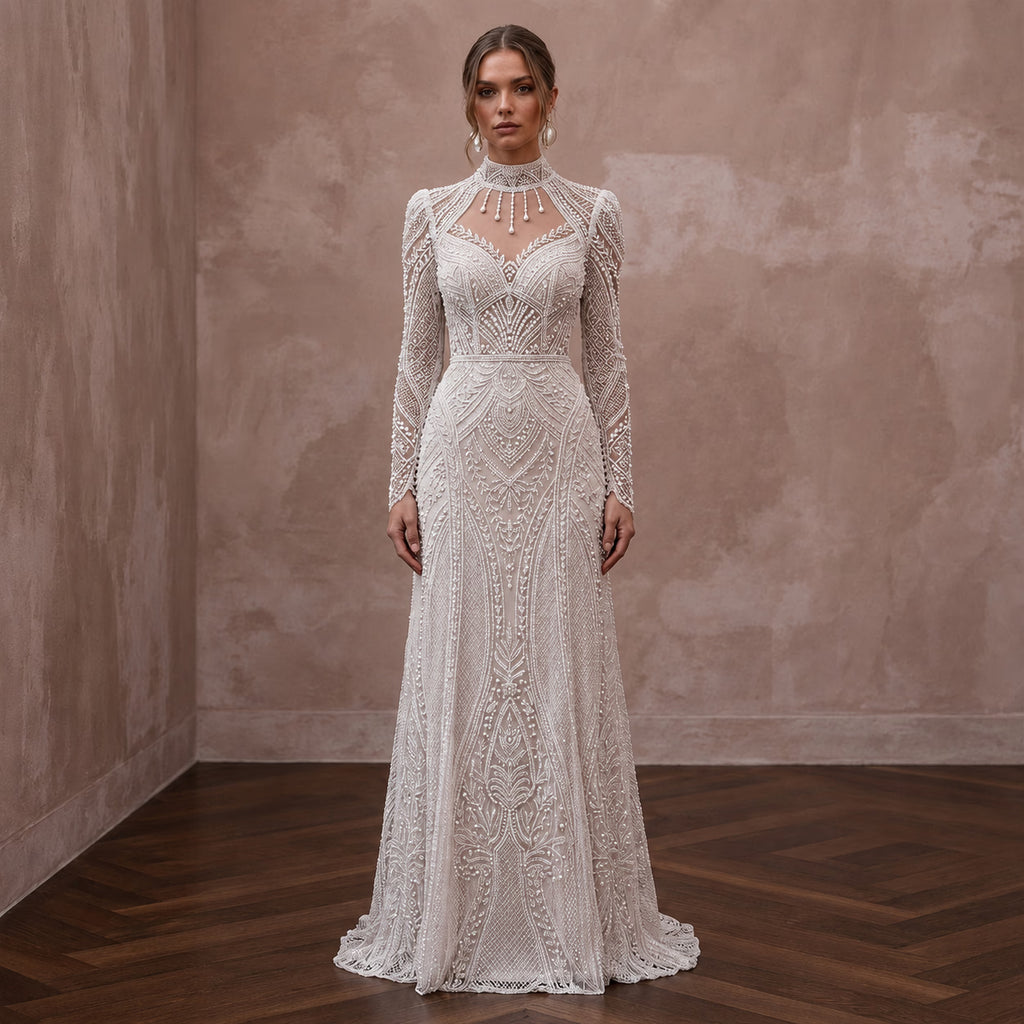 Modest Beaded Lace Wedding Dress with High Neck