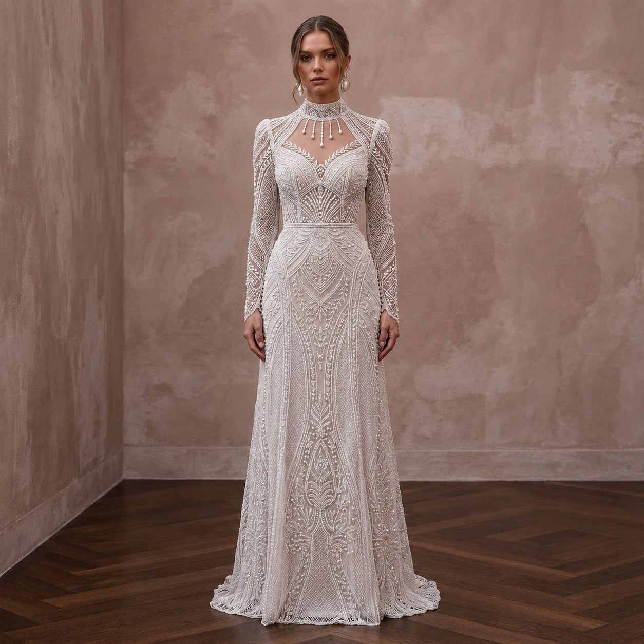 Modest Beaded Lace Wedding Dress with High Neck