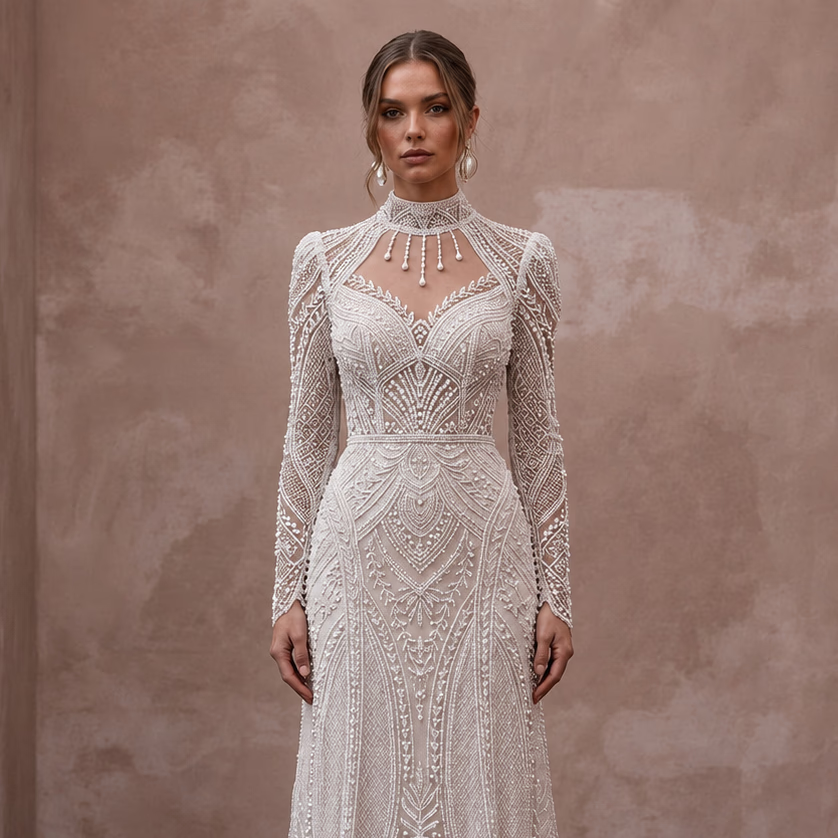 Modest Beaded Lace Wedding Dress with High Neck