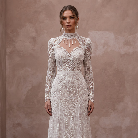 Modest Beaded Lace Wedding Dress with High Neck