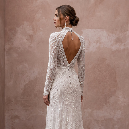 Modest Beaded Lace Wedding Dress with High Neck