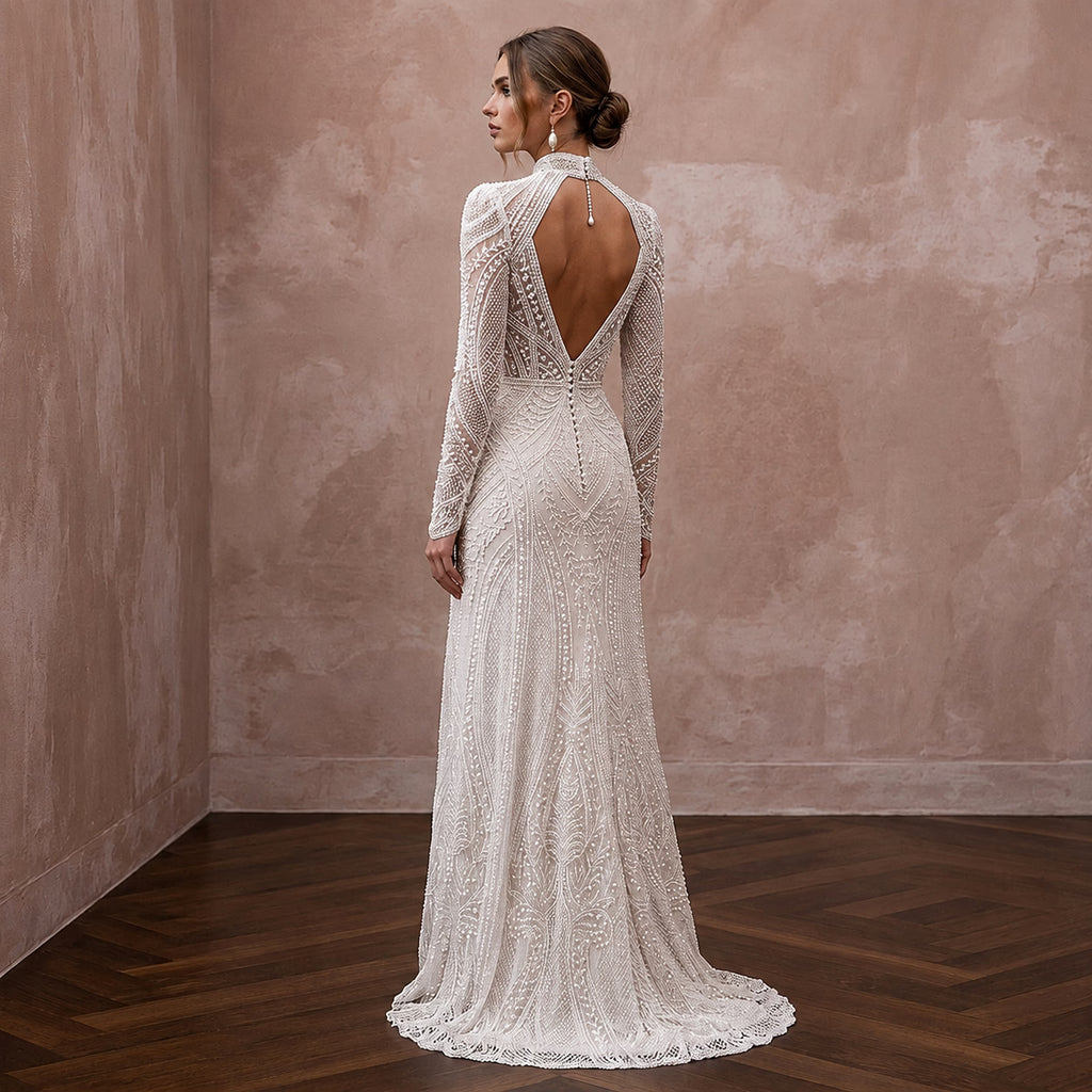 Modest Beaded Lace Wedding Dress with High Neck