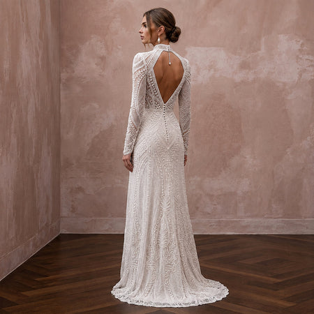 Modest Beaded Lace Wedding Dress with High Neck