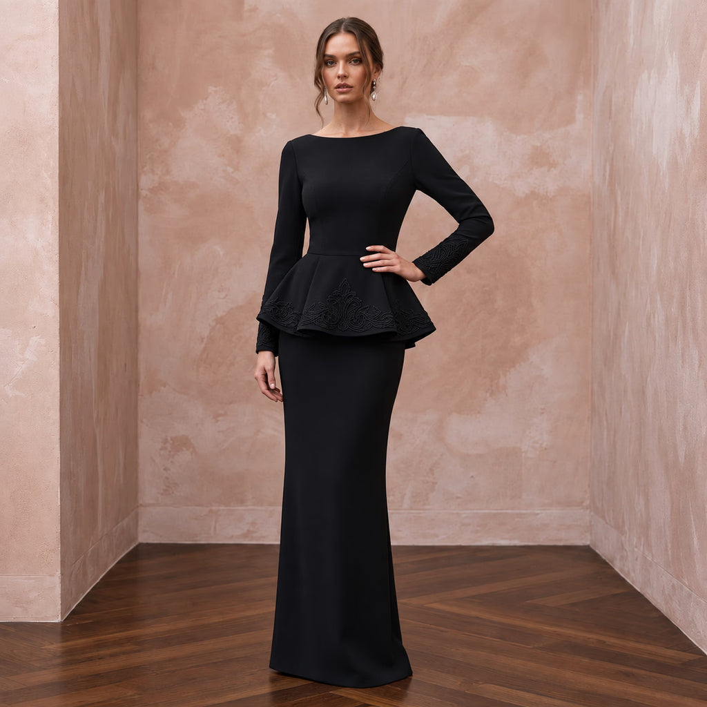 Modest Black Crepe Bateau Neck Long Sleeve Peplum Evening Dress - Apparel & Accessories > Clothing > Wedding & Bridal Party Dresses > Wedding Dresses - Mignonette Bridal