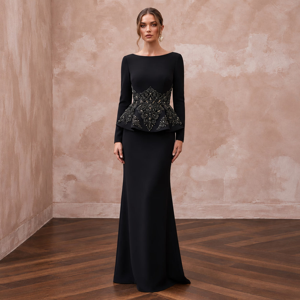 Modest Black Crepe Bateau Neck Long Sleeve Peplum Evening Dress