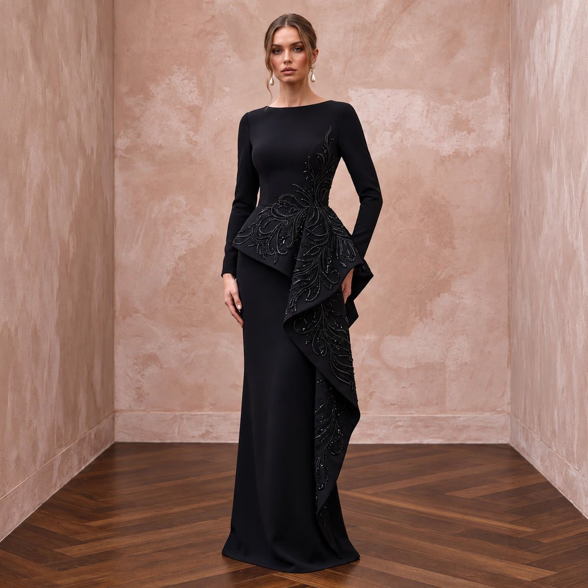 Modest Black Crepe Bateau Neck Long Sleeve Peplum Evening Dress
