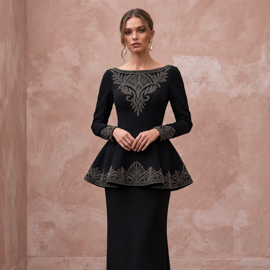 Modest Black Crepe Bateau Neck Long Sleeve Peplum Evening Dress