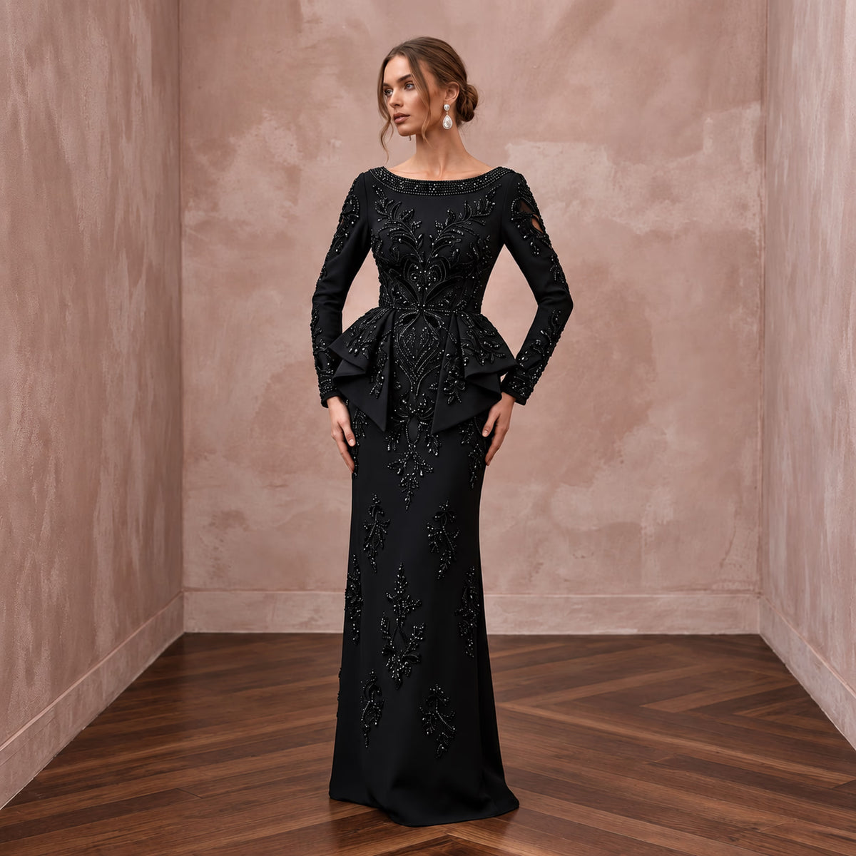 Modest Black Crepe Bateau Neck Long Sleeve Peplum Evening Dress