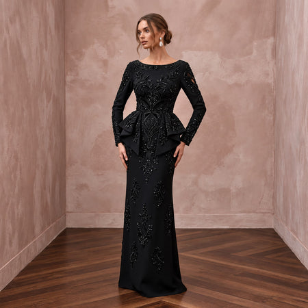Modest Black Crepe Bateau Neck Long Sleeve Peplum Evening Dress