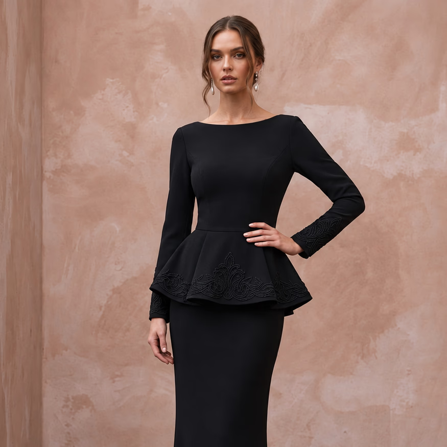 Modest Black Crepe Bateau Neck Long Sleeve Peplum Evening Dress - Apparel & Accessories > Clothing > Wedding & Bridal Party Dresses > Wedding Dresses - Mignonette Bridal