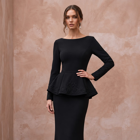 Modest Black Crepe Bateau Neck Long Sleeve Peplum Evening Dress - Apparel & Accessories > Clothing > Wedding & Bridal Party Dresses > Wedding Dresses - Mignonette Bridal