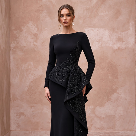 Modest Black Crepe Bateau Neck Long Sleeve Peplum Evening Dress