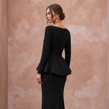Modest Black Crepe Bateau Neck Long Sleeve Peplum Evening Dress - Apparel & Accessories > Clothing > Wedding & Bridal Party Dresses > Wedding Dresses - Mignonette Bridal