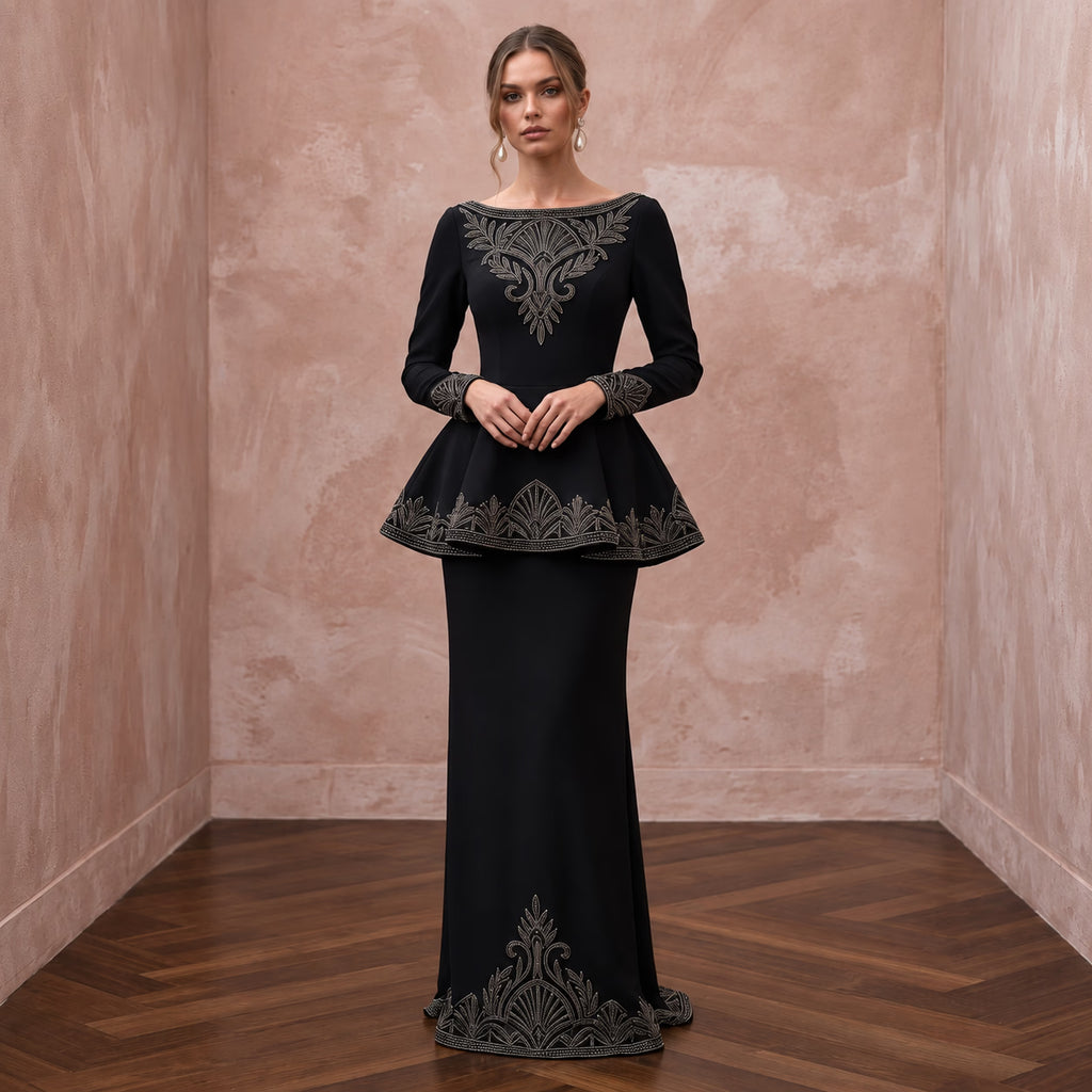 Modest Black Crepe Bateau Neck Long Sleeve Peplum Evening Dress