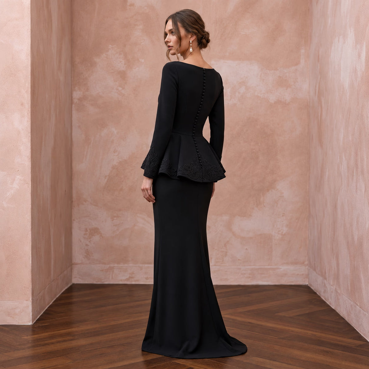 Modest Black Crepe Bateau Neck Long Sleeve Peplum Evening Dress - Apparel & Accessories > Clothing > Wedding & Bridal Party Dresses > Wedding Dresses - Mignonette Bridal