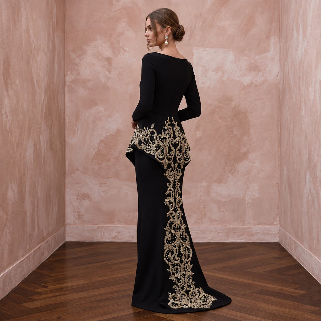 Modest Black Crepe Bateau Neck Long Sleeve Peplum Evening Dress