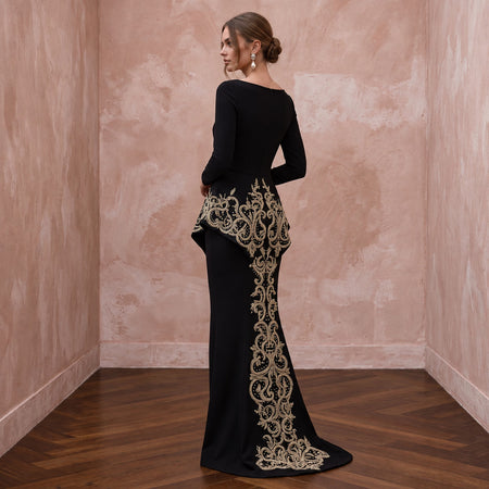 Modest Black Crepe Bateau Neck Long Sleeve Peplum Evening Dress