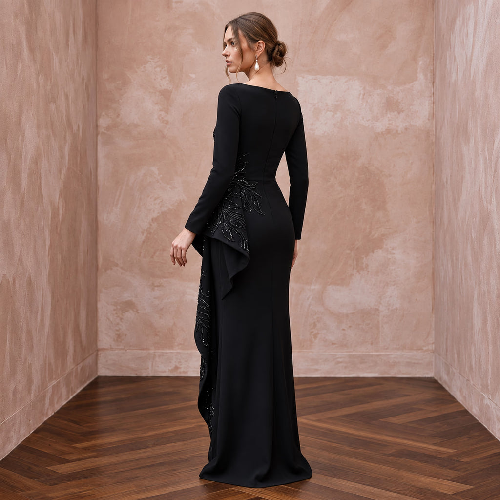 Modest Black Crepe Bateau Neck Long Sleeve Peplum Evening Dress