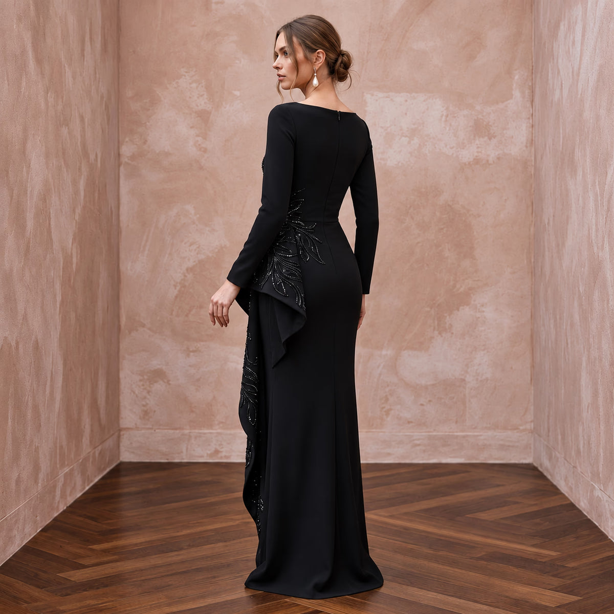Modest Black Crepe Bateau Neck Long Sleeve Peplum Evening Dress