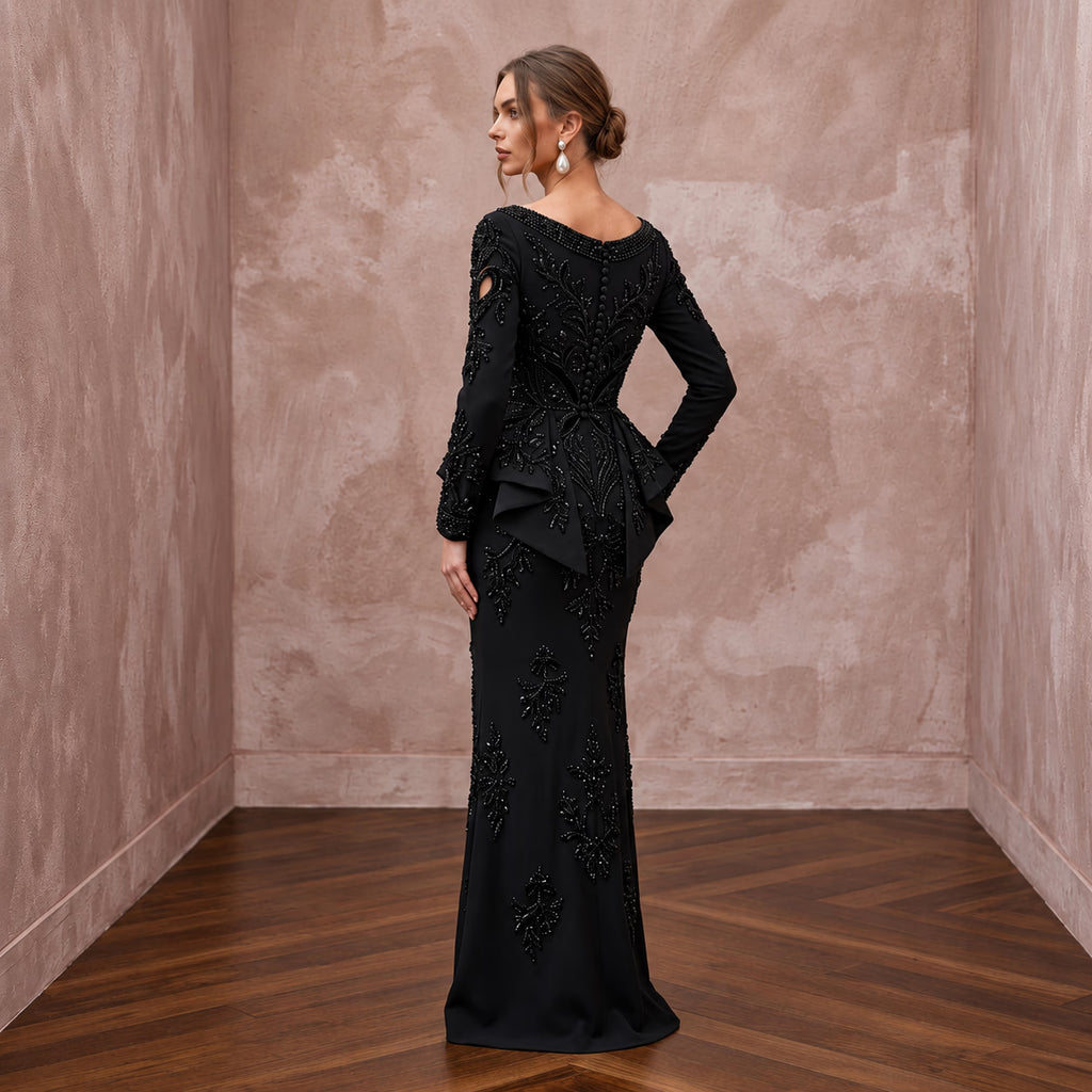 Modest Black Crepe Bateau Neck Long Sleeve Peplum Evening Dress