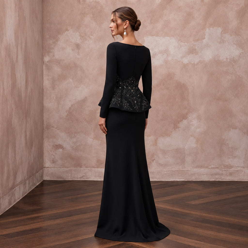 Modest Black Crepe Bateau Neck Long Sleeve Peplum Evening Dress