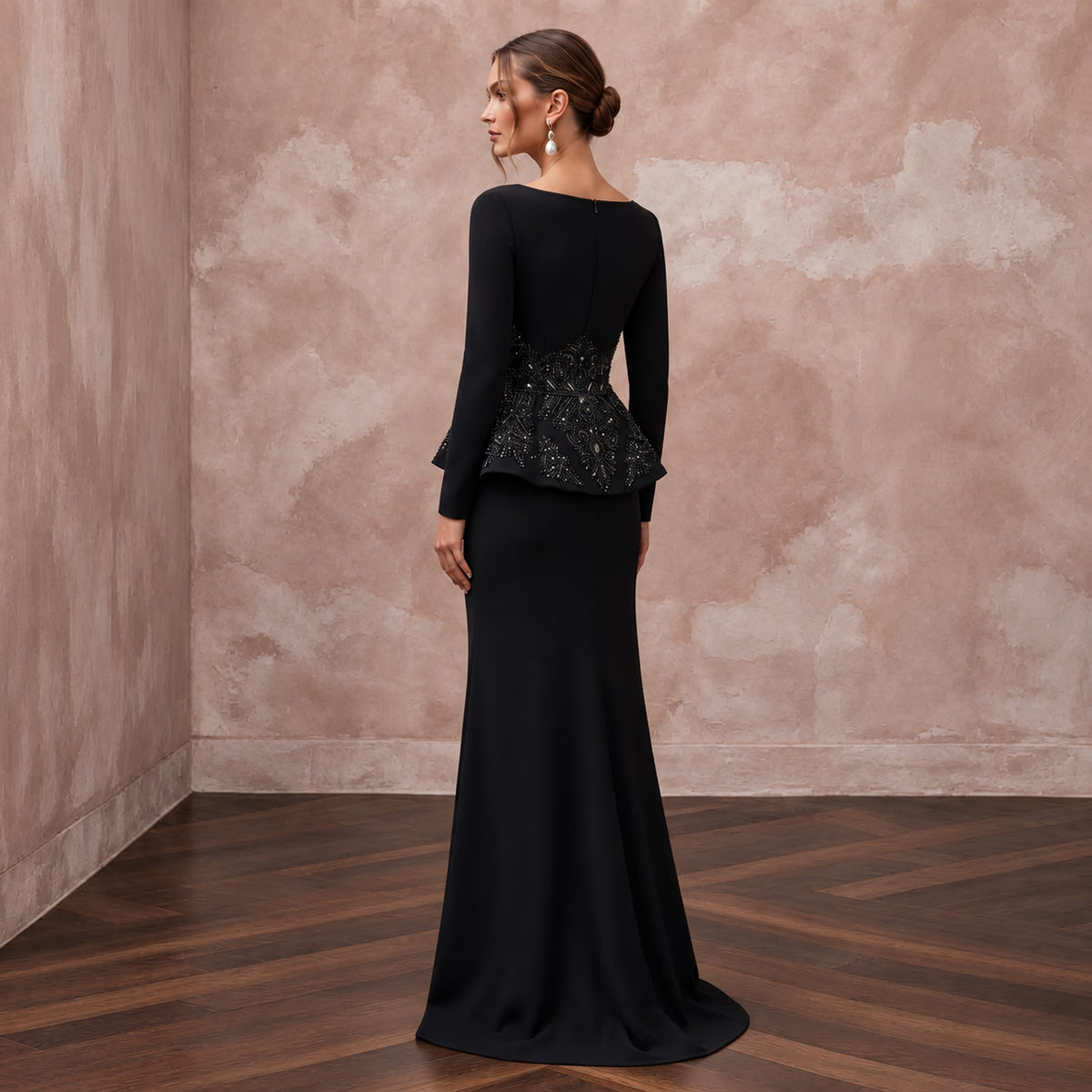 Modest Black Crepe Bateau Neck Long Sleeve Peplum Evening Dress