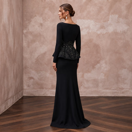 Modest Black Crepe Bateau Neck Long Sleeve Peplum Evening Dress