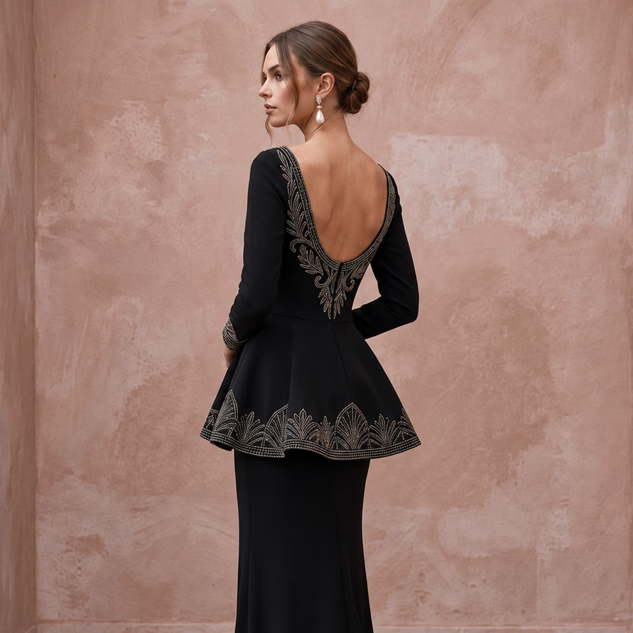 Modest Black Crepe Bateau Neck Long Sleeve Peplum Evening Dress
