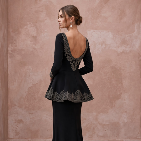 Modest Black Crepe Bateau Neck Long Sleeve Peplum Evening Dress
