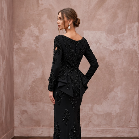Modest Black Crepe Bateau Neck Long Sleeve Peplum Evening Dress