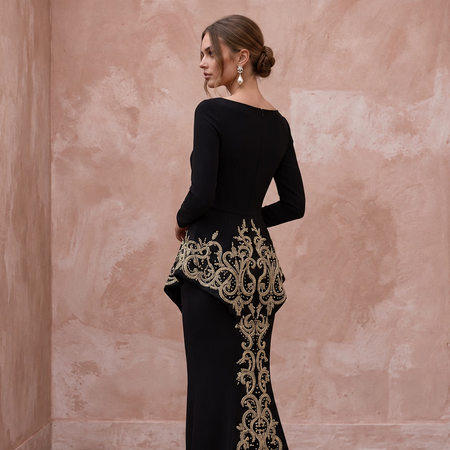 Modest Black Crepe Bateau Neck Long Sleeve Peplum Evening Dress