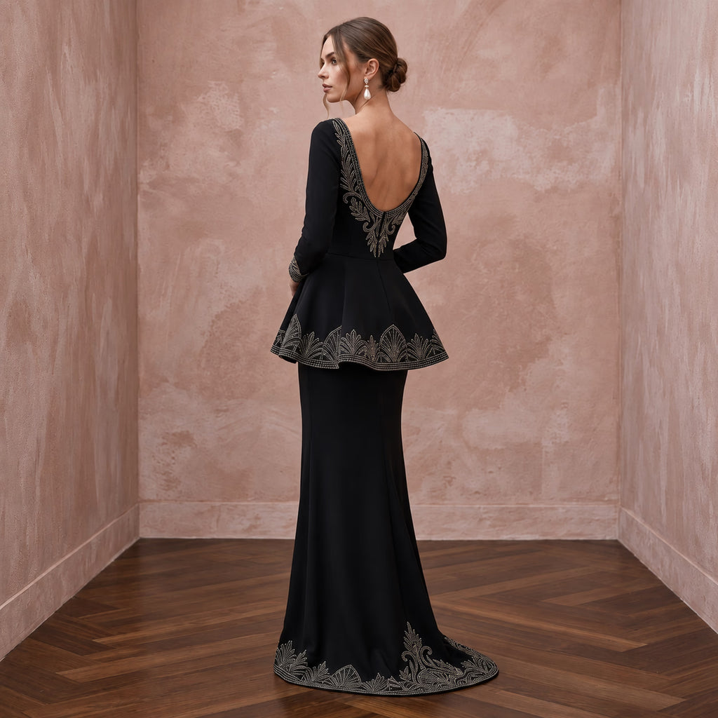 Modest Black Crepe Bateau Neck Long Sleeve Peplum Evening Dress