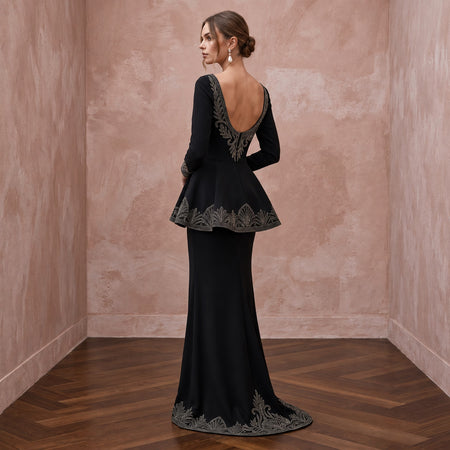 Modest Black Crepe Bateau Neck Long Sleeve Peplum Evening Dress