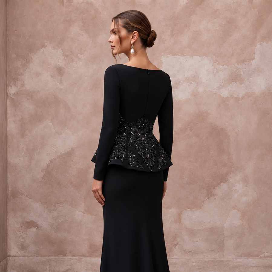 Modest Black Crepe Bateau Neck Long Sleeve Peplum Evening Dress