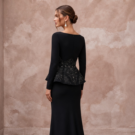 Modest Black Crepe Bateau Neck Long Sleeve Peplum Evening Dress