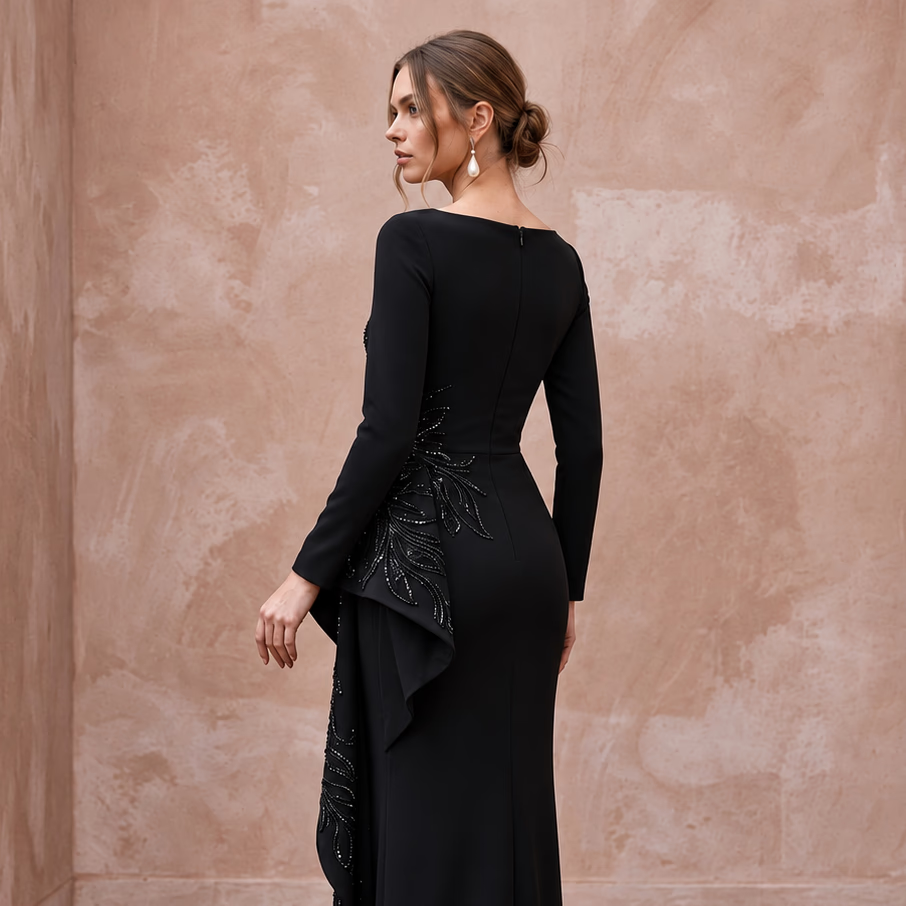 Modest Black Crepe Bateau Neck Long Sleeve Peplum Evening Dress